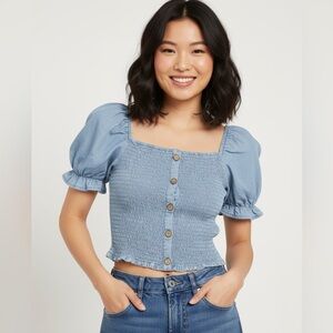 NWT Love Tree Denim Cropped Shmocking Balloon Short Sleeve Top Size M *